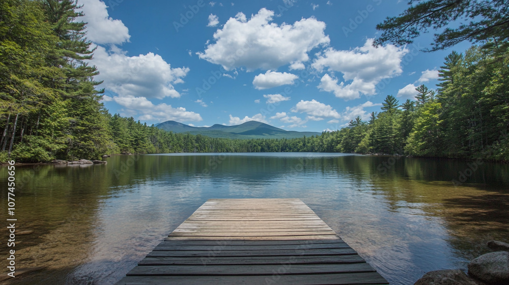 Tranquil Mountain Lake with Wooden Dock and Blue Sky Tranquil Mountain Lake with Wooden Dock and Blue Sky