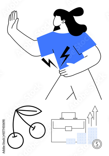 Woman in blue shirt generating energy with lightning bolts, flanked by cherries, briefcase, bar graphs, and coin icon. Ideal for business, motivation, health, growth balance goal-setting finance