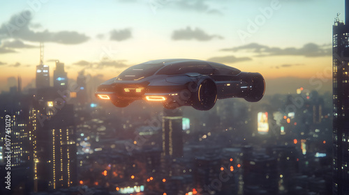 A futuristic flying car hovering over a city skyline at dusk with bright lights and innovative design.