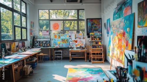 An Artist's Studio Filled with Vibrant Abstract Paintings and Supplies