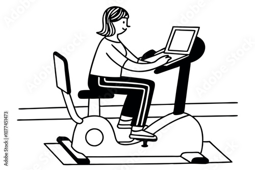 Woman is sitting on a treadmill and working on laptop. Line art illustration