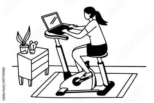 Woman is sitting on a treadmill and working on laptop. Line art illustration