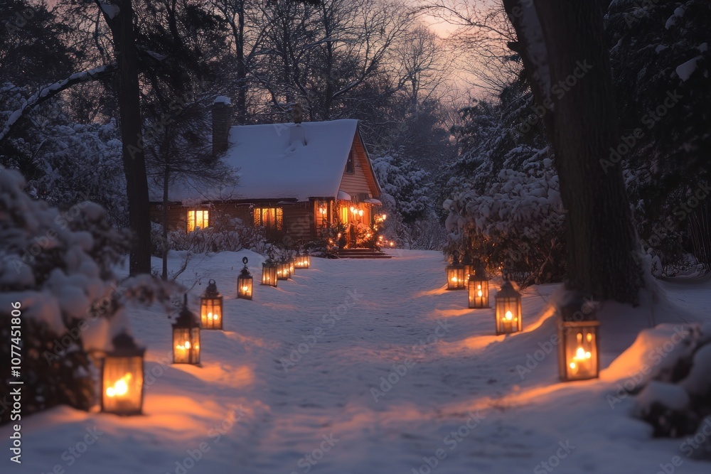A cozy cabin in the snow with a path lit by lanterns, creating a warm and inviting atmosphere. A cozy cabin in the snow with a path lit by lanterns, creating a warm and inviting atmosphere.
