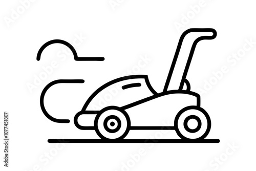 Minimalist Line Drawing of Lawn Mower Icon on White Background