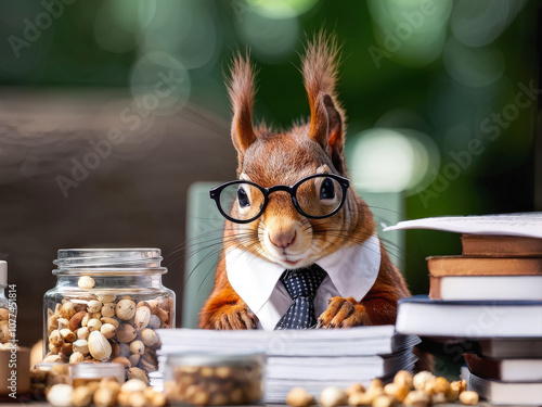 A whimsical squirrel dressed as an accountant with glasses and a tie, surrounded by jars of nuts, papers, and books in an outdoor setting. Generative AI