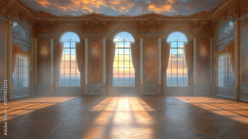 Grand ballroom with large windows and sunset view. Grand ballroom with large windows and sunset view.