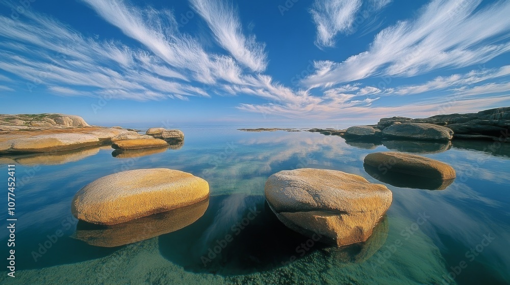 Obraz premium Azure sky reflects on serene waters where smooth rocks grace the surface, embodying tranquility and the beauty of untouched nature.