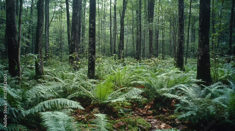 A dense forest of tall, slender trees is carpeted by vibrant green ferns, evoking a sense of untouched wilderness and serene escapism. A dense forest of tall, slender trees is carpeted by vibrant green ferns, evoking a sense of untouched wilderness and serene escapism.
