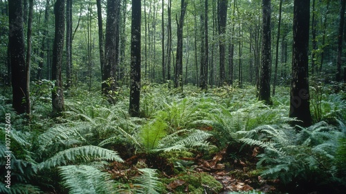 A dense forest of tall, slender trees is carpeted by vibrant green ferns, evoking a sense of untouched wilderness and serene escapism.