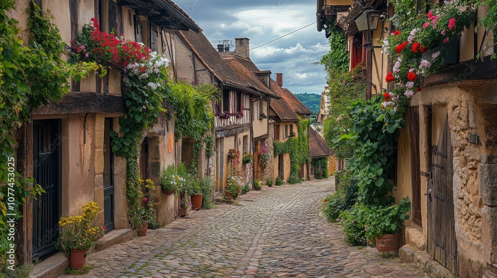 A Cobblestone Street Lined with Flower-Adorned Stone Houses in a Picturesque European Village A Cobblestone Street Lined with Flower-Adorned Stone Houses in a Picturesque European Village
