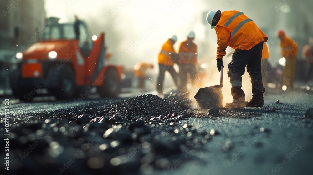 Road workers in orange safety vests intensely labor on a construction project, shoveling gravel under the glow of morning light. Road workers in orange safety vests intensely labor on a construction project, shoveling gravel under the glow of morning light.