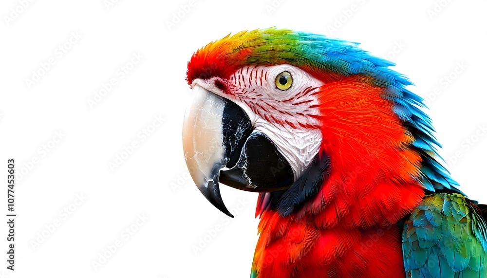 Vibrant red macaw parrot against a white backdrop close up Vibrant red macaw parrot against a white backdrop close up