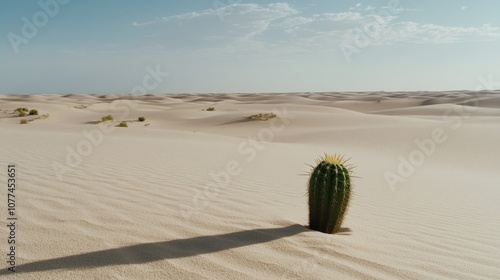 A lone cactus casts a long shadow on the sweeping sand dunes, embodying resilience against the vast, sunlit desert's endless horizon. photo