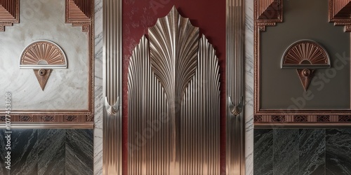 Art Deco Wall Paneling in Metallic Gold and Marble Design