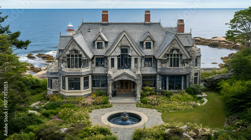 Cape Cod oceanfront cottage with private lighthouse and sandy dunes, traditional New England seaside estate photo