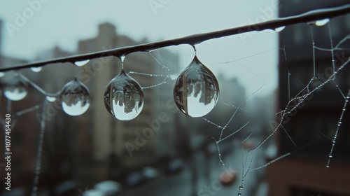 Dewy droplets cling to a wire, each reflecting the cityscape upside-down, an elegant mix of urban life and delicate nature. photo