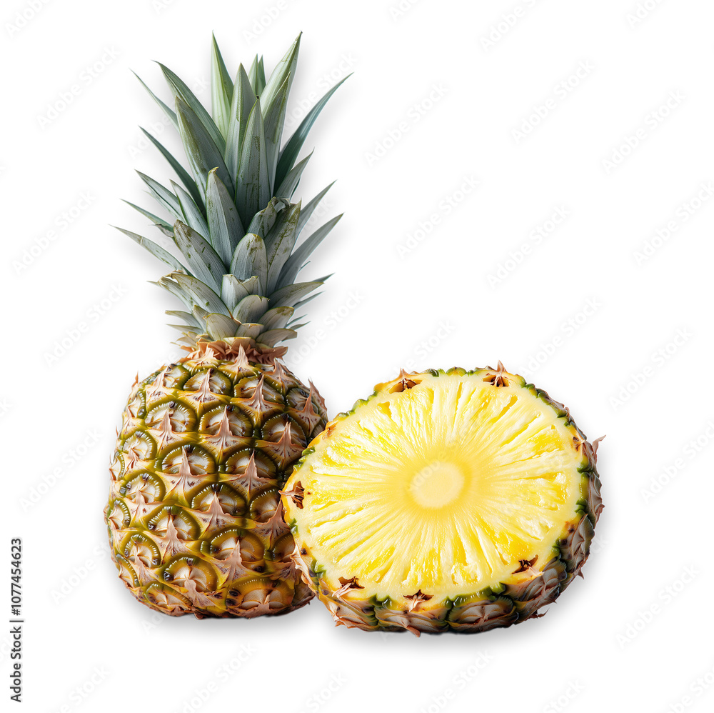 Fresh pineapple fruit with sliced half isolated transparent background Fresh pineapple fruit with sliced half isolated transparent background