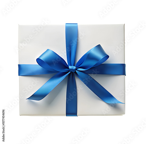 White gift box with blue ribbon 