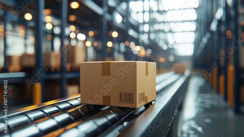 This close-up 3D rendering shows cardboard boxes alongside a conveyor belt in a modern distribution warehouse highlighting cargo freight transportation.