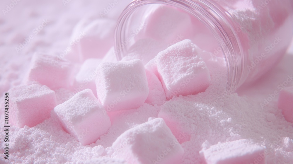 Soft pink marshmallows and powder spill from a glass jar, creating a dreamy and whimsical confectionery scene. Soft pink marshmallows and powder spill from a glass jar, creating a dreamy and whimsical confectionery scene.