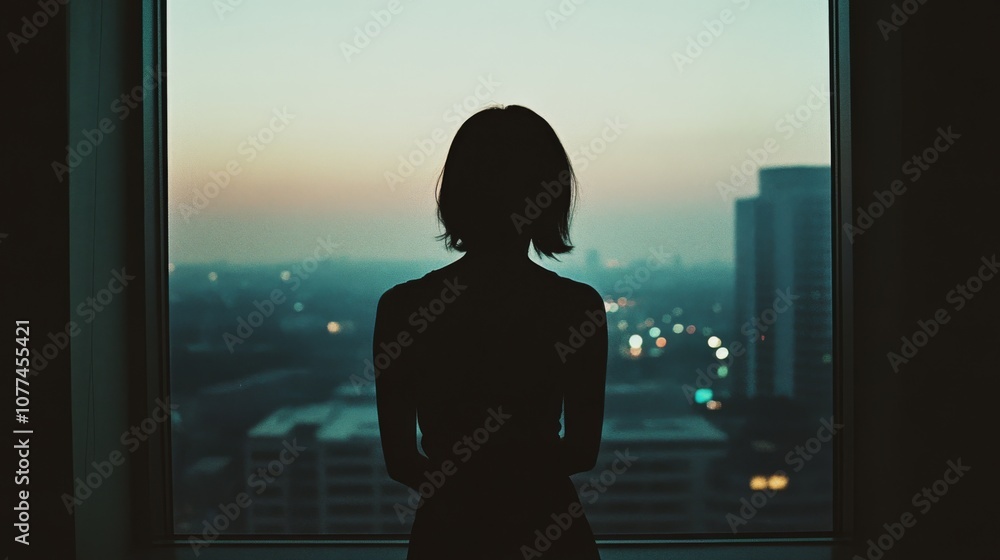Silhouette of a woman gazing out a window, city lights twinkling in the dusk, capturing a moment of solitude and contemplation. Silhouette of a woman gazing out a window, city lights twinkling in the dusk, capturing a moment of solitude and contemplation.