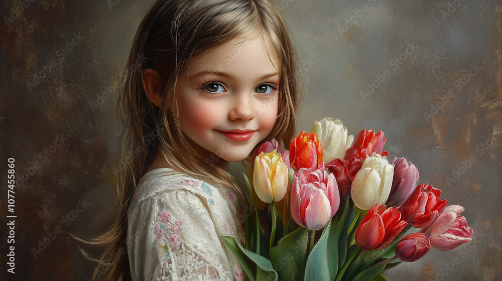 Obraz premium Dziewczynka z promiennym wyrazem twarzy trzyma w dłoniach bukiet tulipanów o intensywnych kolorach.