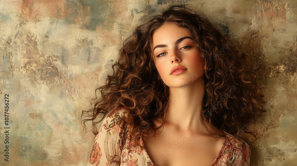 Obraz premium Kobieta o bujnych, kręconych włosach pozuje przed ścianą o ciekawej strukturze, ubrana w modny top.