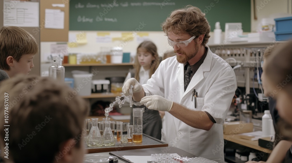 In a lively classroom, a teacher in a white coat demonstrates an exciting science experiment, engaging curious young students around him. In a lively classroom, a teacher in a white coat demonstrates an exciting science experiment, engaging curious young students around him.