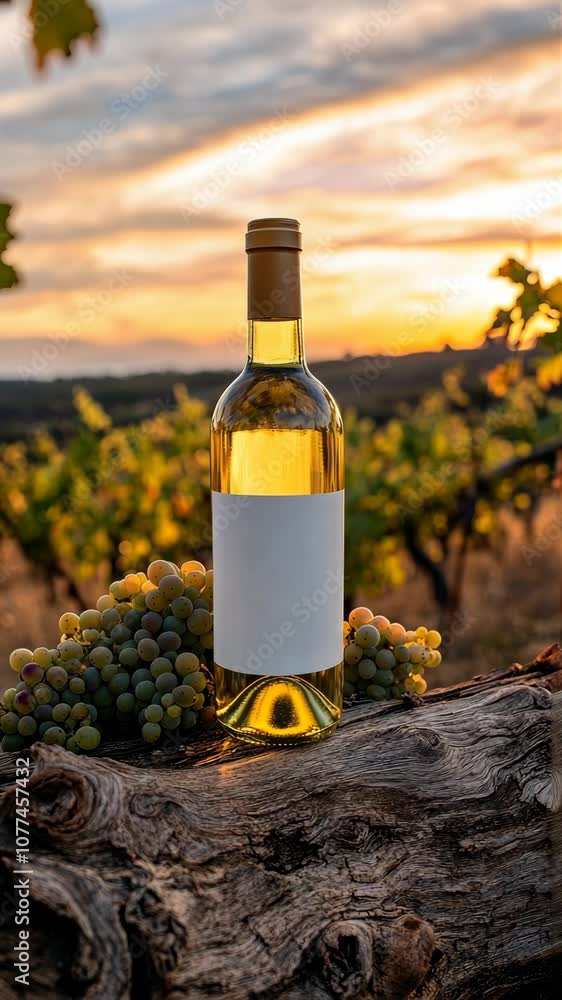 Wine bottle with grapes and sunset in vineyard, rustic elegance concept Wine bottle with grapes and sunset in vineyard, rustic elegance concept