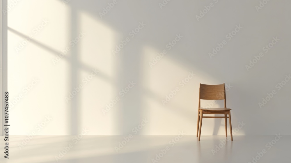 A single wooden chair stands in a minimalist room, bathed in soft, natural light, highlighting simplicity and tranquility in a serene, spacious setting. A single wooden chair stands in a minimalist room, bathed in soft, natural light, highlighting simplicity and tranquility in a serene, spacious setting.