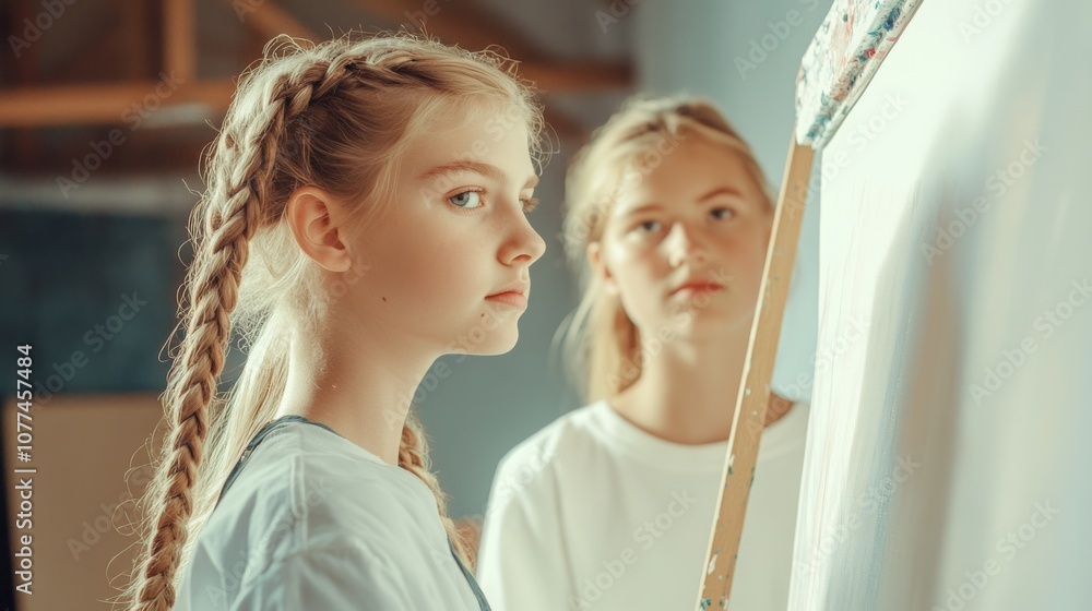 Obraz premium Two young artists focus intently on their canvas, captured in a warm, creative space filled with soft natural light, embodying youthful creativity and focus.