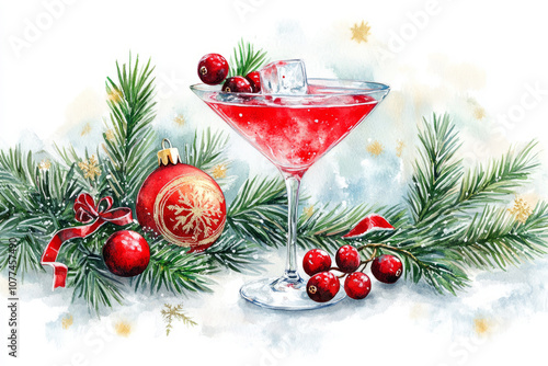 Christmas cocktail with cranberry and ice. Watercolor hand drawn illustration