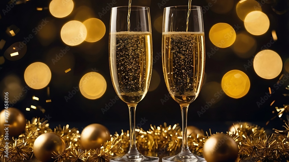 Christmas celebration and gifts - Fir branches, Gift boxes, Ornaments, Ribbons, champagne flutes, snowflakes, Wrapped gifts Christmas celebration and gifts - Fir branches, Gift boxes, Ornaments, Ribbons, champagne flutes, snowflakes, Wrapped gifts