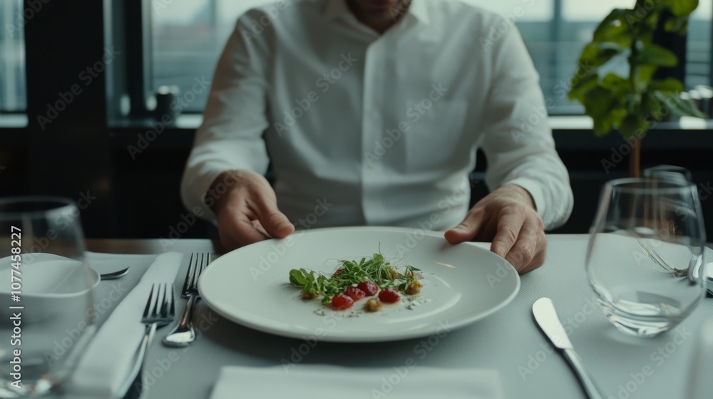 An elegant culinary presentation of fresh greens and cherry tomatoes on a white plate, showcasing refined dining in a sophisticated setting. An elegant culinary presentation of fresh greens and cherry tomatoes on a white plate, showcasing refined dining in a sophisticated setting.