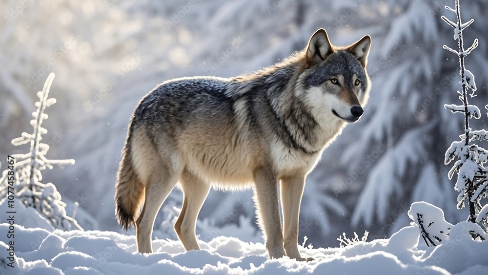 Fototapeta premium A wolf standing in the snow - A lifelike image of a wolf in a snowy landscape, with its fur detailed against the wintry backdrop, its breath visible in the cold air as it surveys the surroundings.