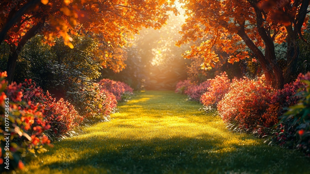 A serene garden path illuminated by warm sunlight and vibrant autumn foliage. A serene garden path illuminated by warm sunlight and vibrant autumn foliage.