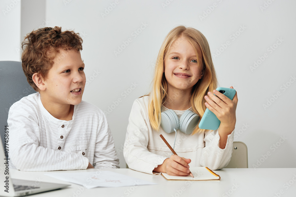 Smartphone Selfie Happy Siblings Playing Online Games Together at Home Smartphone Selfie Happy Siblings Playing Online Games Together at Home