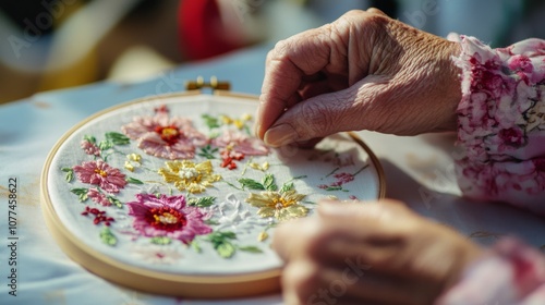 Skilled hands delicately embroider vivid floral patterns on fabric, crafting a tapestry of tradition and artistry bursting with color.