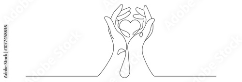 Minimalist black line drawing of hands holding a heart shape