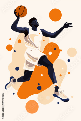 Basketball player jumping in the air with the ball, to perform slam dunk, dynamic abstract style vector poster. A black basketball player illustration with abstract graphic shapes, on a white backdrop