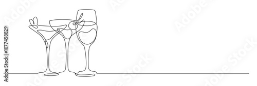 cocktail glasses with lemon slice vector one line continuous drawing illustration. Hand drawn linear silhouette icon.