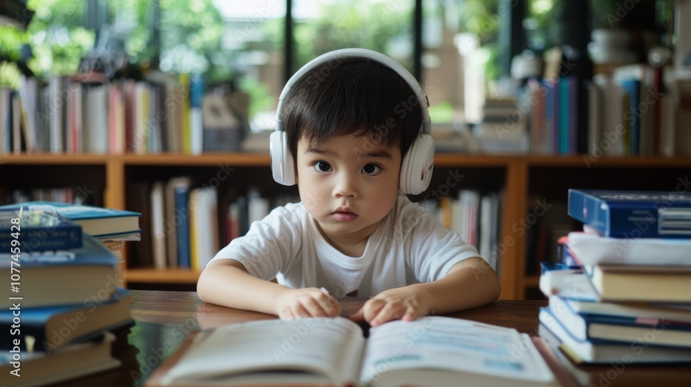 Child immersed in a book, wearing headphones amid a cozy home library, channeling focus and childhood curiosity. Child immersed in a book, wearing headphones amid a cozy home library, channeling focus and childhood curiosity.
