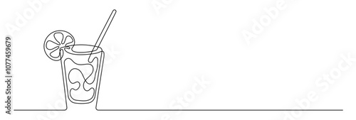 Glass of cool dark stormy with ice and bubbles. Glass of clear beverage with straw. Continuous line drawing.