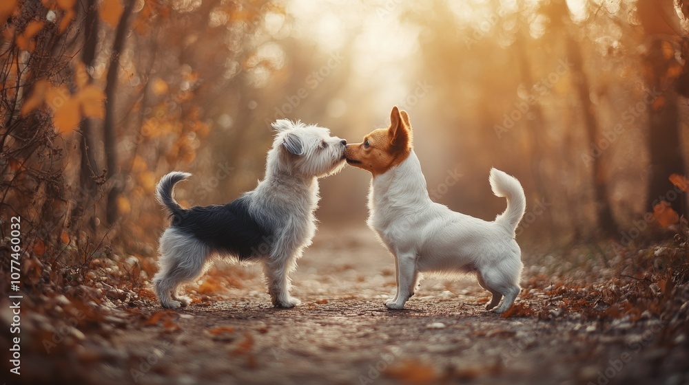 Two small dogs lovingly touch noses on an autumn path, surrounded by golden leaves and warm sunlight, embodying friendship and joy. Two small dogs lovingly touch noses on an autumn path, surrounded by golden leaves and warm sunlight, embodying friendship and joy.