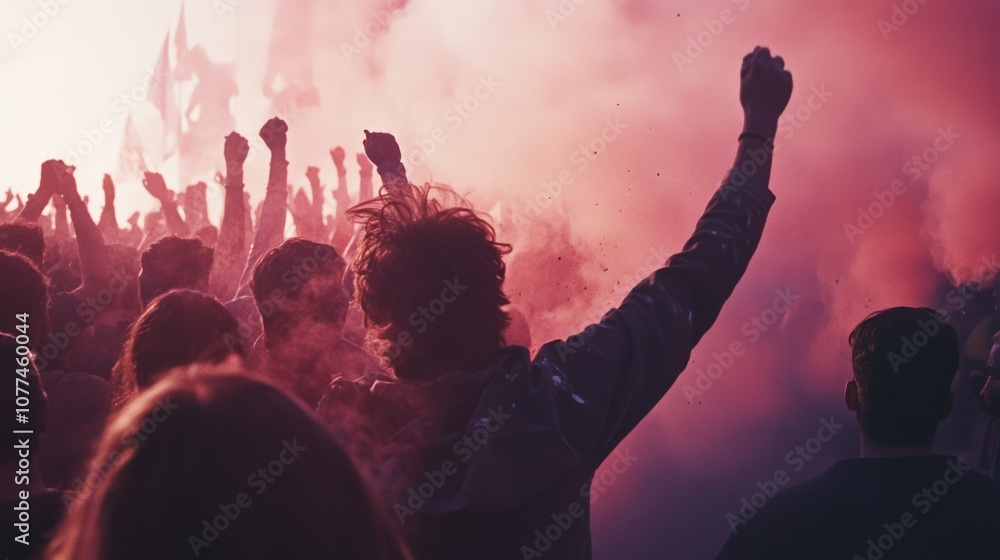 A vibrant crowd immersed in colorful smoke raises fists, embodying the spirit of protest and unity in a striking moment of collective action. A vibrant crowd immersed in colorful smoke raises fists, embodying the spirit of protest and unity in a striking moment of collective action.