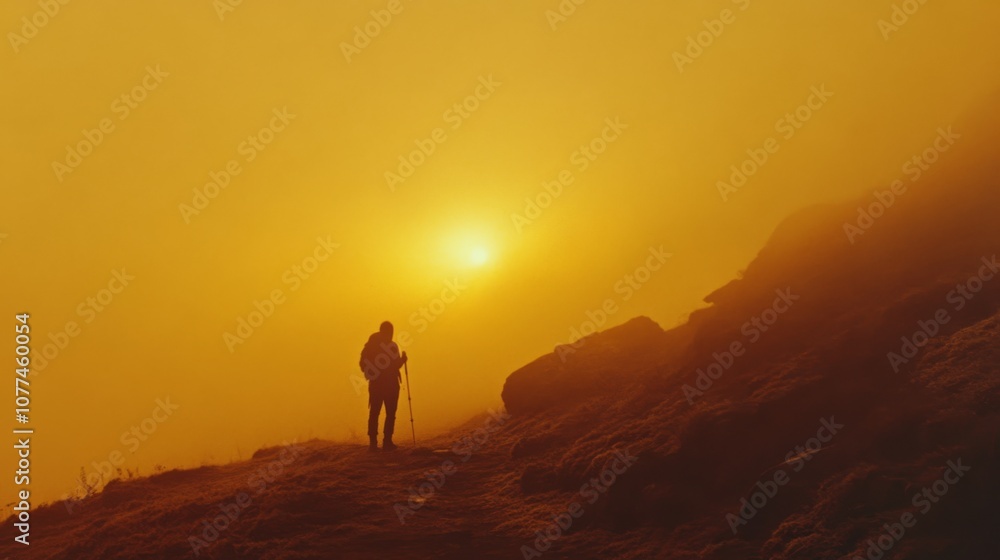 A lone hiker stands silhouetted against a vivid orange fog as a dramatic sunset engulfs the landscape, symbolizing adventure and solitude. A lone hiker stands silhouetted against a vivid orange fog as a dramatic sunset engulfs the landscape, symbolizing adventure and solitude.