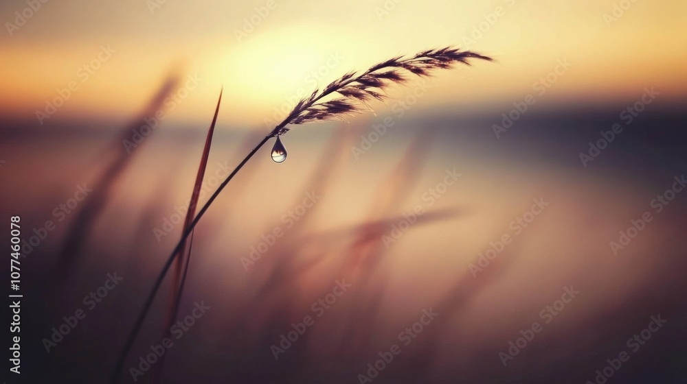 A solitary droplet hangs delicately on a grass stem at dawn, with a blurred, pastel horizon creating a serene and introspective atmosphere. A solitary droplet hangs delicately on a grass stem at dawn, with a blurred, pastel horizon creating a serene and introspective atmosphere.
