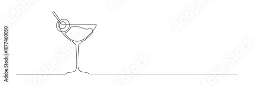 One line continuous cocktail martini glass symbol concept. Silhouette of alcoholic drink vermouth olive. Digital white single line sketch drawing vector illustration