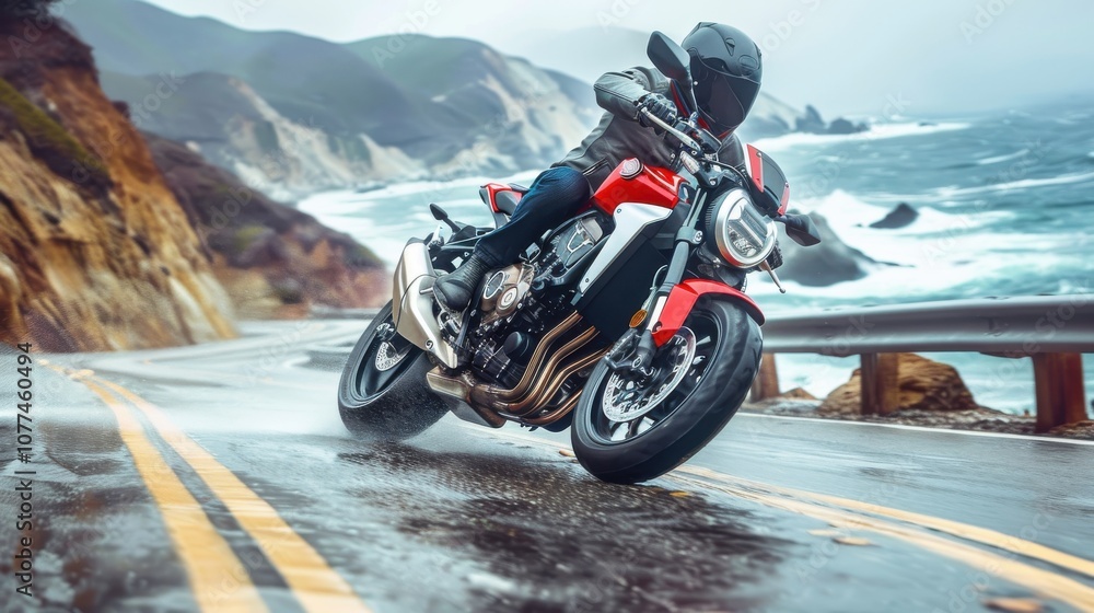 Fototapeta premium A superbike driving along a cliffside road, ocean waves crashing below