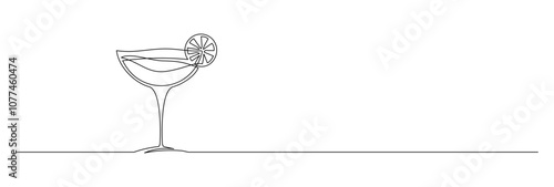 Continuous line drawing. Margarita with cocktail and lemon. Cocktail margarita with lime. Isolated on white background. Hand drawn vector illustration.